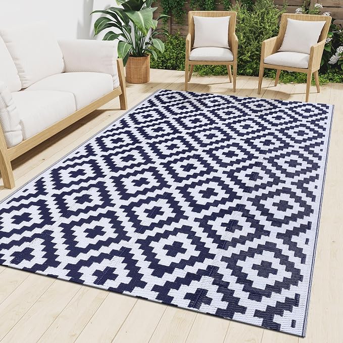 Smiry Waterproof Outdoor Rug 10X14 ft, Reversible Plastic Straw Patio Camping Rugs, Outdoor Indoor RV Mat Carpet for Patio, Outside Entry, Backyard, Deck, Bench, Picnic, Camper, White & Navy by Smiry