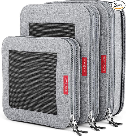 LeanTravel Premium Compression Packing Cubes for Travel - Suitcase Organizer Bags with Double Zipper & Breathable Mesh Panel - Space Saving Carry On Luggage Essentials (3-Pack, Grey) by LeanTravel
