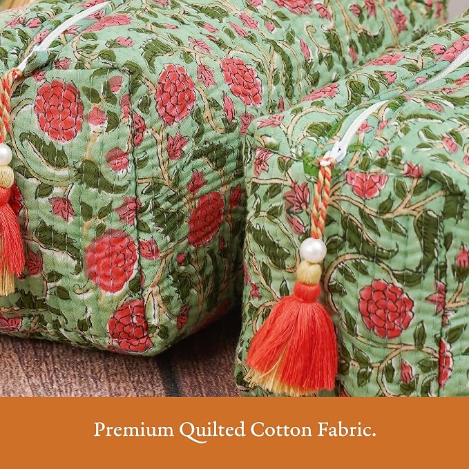 Saffron Marigold Quilted Makeup Bag Set of 3, Hand Block Printed Cotton Cosmetic Bags for Women, Waterproof Lined Travel Toiletry Bag, Coquette Floral Aesthetic, Handmade Gift, Rambling Rose - Image 6