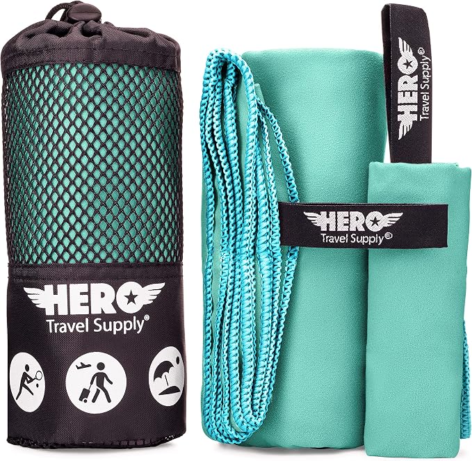 Hero Microfiber Towel, Camping, Beach, Gym, Includes Bonus Washcloth (Aquamarine, 24" x 48") by HeroTravelSupply