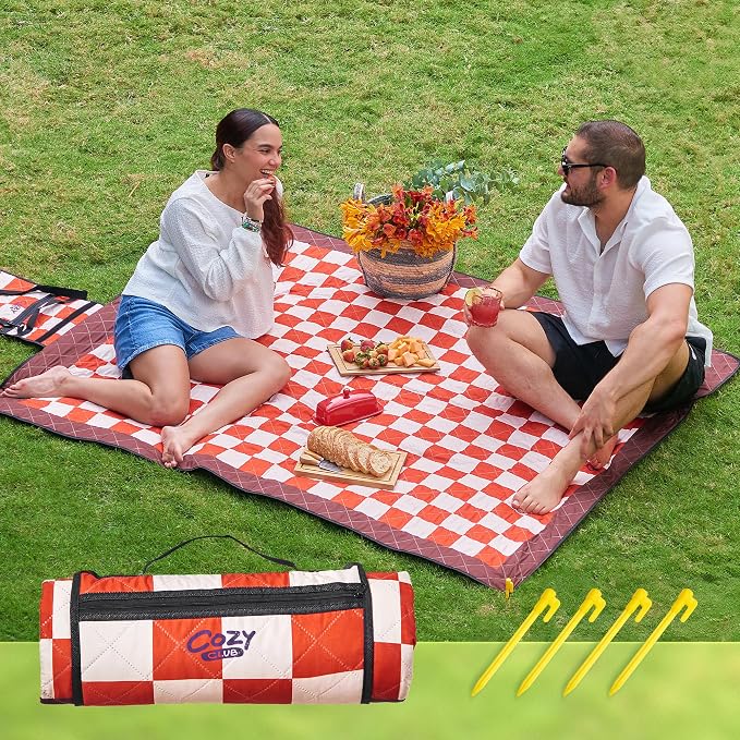 Cozy Club Waterproof Picnic Blanket – Foldable Outdoor Mat 60x70 with Stakes, Pocket & Shoulder Strap | Sandproof Beach Blanket for Festivals, Camping & Travel | Self-Packing | Terracotta | US Brand by CozyClub
