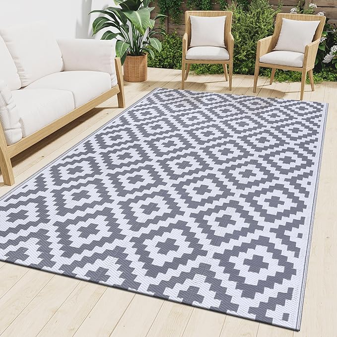 Smiry Waterproof Outdoor Rug 9X18 ft, Reversible Plastic Straw Patio Camping Rugs, Outdoor Indoor RV Mat Carpet for Patio, Outside Entry, Backyard, Deck, Bench, Picnic, Camper, White & Grey by Smiry