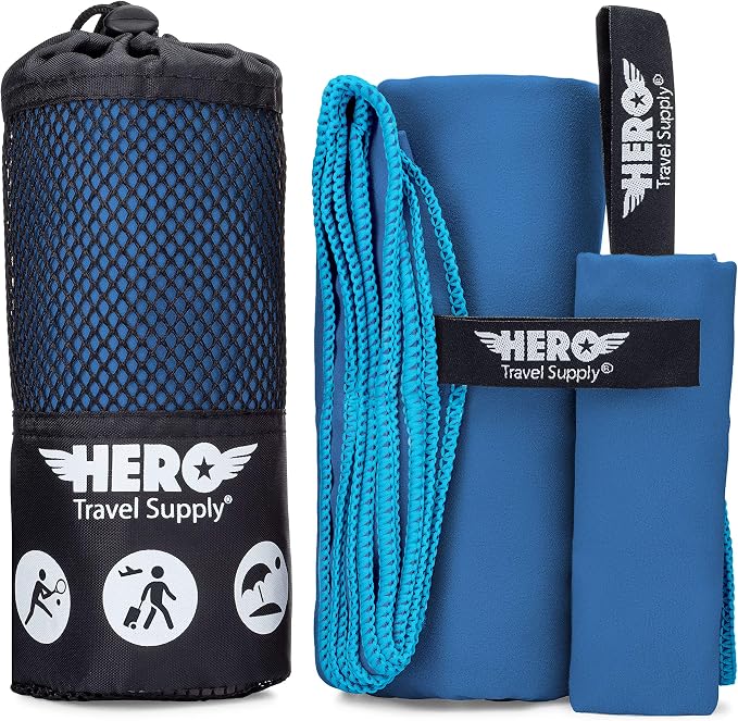 Hero Microfiber Towel, Camping, Beach, Gym, Includes Bonus Washcloth (Blue, 24" x 48") by HeroTravelSupply