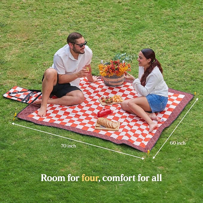 Cozy Club Waterproof Picnic Blanket – Foldable Outdoor Mat 60x70 with Stakes, Pocket & Shoulder Strap | Sandproof Beach Blanket for Festivals, Camping & Travel | Self-Packing | Terracotta | US Brand - Image 2