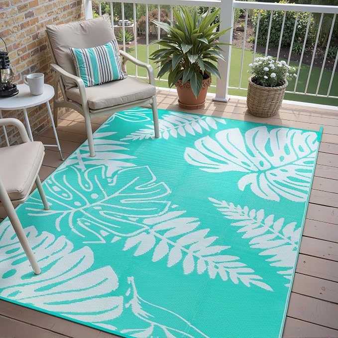 PureCozy Outdoor Plastic Straw Rug Leaf Waterproof Teal Blue Outside Patio 6x9 Carpet Tropical Reversible Mat Washable Large for Camping RV Porch Deck Balcony Beach - Image 4