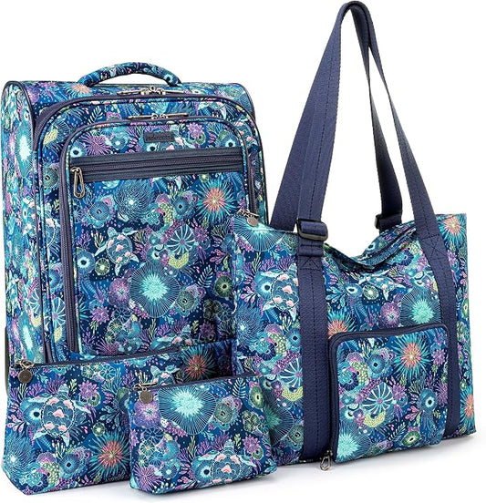 Sakroots On the Go 4 Piece Travel Bundle, Includes 21" Rolling Suitcase, Packable Large Tote, Medium & Small Pouches by Sakroots