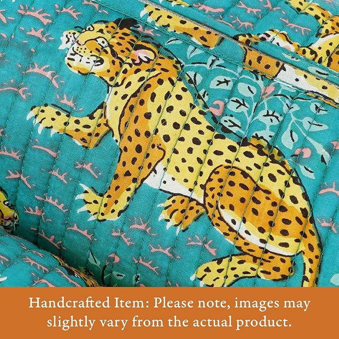Saffron Marigold Quilted Makeup Bag Set of 3, Hand Block Printed Cotton Cosmetic Bags for Women, Waterproof Lined Travel Toiletry Bag, Coquette Aesthetic, Handmade Gift, Turquoise Cheetah Trails - Image 2