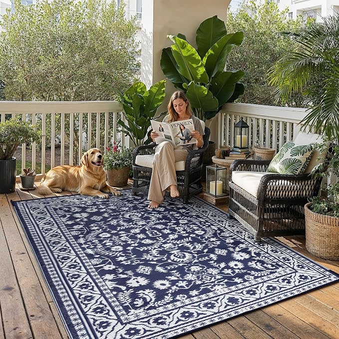 PureCozy Outdoor Waterproof 5x8 Plastic Straw Patio Rug Navy Blue Reversible for Outside Vintage Oriental Carpet Lightweight Large Rug for RV Deck Beach Balcony Picnic Backyard Entry Porch - Image 2