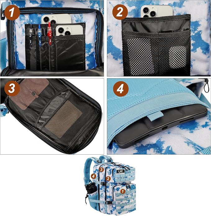 LHI Military Tactical Backpack for Men and Women 45L Army 3 Days Assault Pack Bag Large Rucksack with Molle System - Light blue tie-dye - Image 6