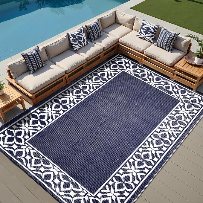 PureCozy Outdoor Plastic Straw Rug Navy Blue Large Outside Waterproof Outdoor Patio 10x14 Carpet Geometric Reversible Mat Modern for Camping RV Porch Deck Balcony Beach - Image 3