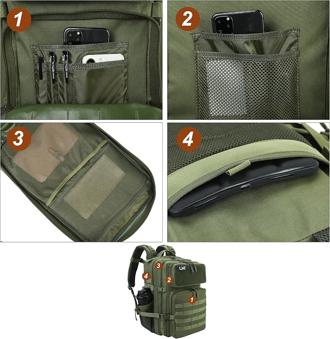 LHI Military Tactical Backpack for Men and Women 45L Army 3 Days Assault Pack Bag Large Rucksack with Molle System - Green - Image 6
