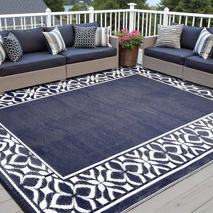 PureCozy Outdoor Plastic Straw Rug Navy Blue Large Outside Waterproof Outdoor Patio 6x9 Carpet Geometric Reversible Mat Modern for Camping RV Porch Deck Balcony Beach - Image 8