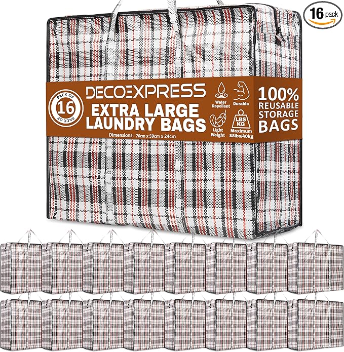 16 Pack Heavy Duty Moving Bags with Strong Zipper & Carrying Handles, 107L/ 28 gal Large Durable Clothes Storage Totes, 88 lbs Packing Moving Boxes, Closet Organizers and Storage (29.9x23.2x29.4 IN) by DECO+EXPRESS