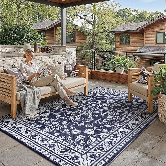 PureCozy Outdoor Waterproof 6x9 Plastic Straw Patio Rug Navy Blue Reversible for Outside Vintage Oriental Carpet Lightweight Large Rug for RV Deck Beach Balcony Picnic Backyard Entry Porch by PureCozy