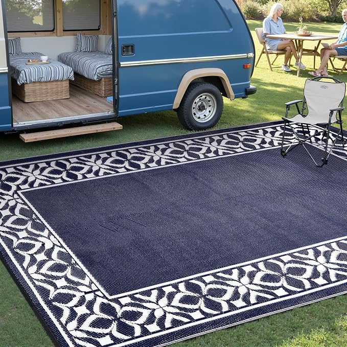 PureCozy Outdoor Plastic Straw Rug Navy Blue Large Outside Waterproof Outdoor Patio 6x9 Carpet Geometric Reversible Mat Modern for Camping RV Porch Deck Balcony Beach - Image 3