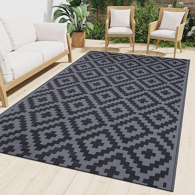 Smiry Waterproof Outdoor Rug 10X14 ft, Reversible Plastic Straw Patio Camping Rugs, Outdoor Indoor RV Mat Carpet for Patio, Outside Entry, Backyard, Deck, Bench, Picnic, Camper, Black & Grey by Smiry