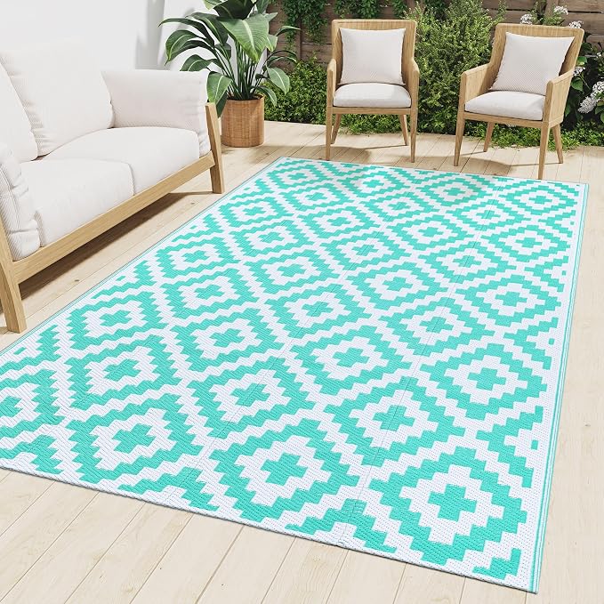 Smiry Waterproof Outdoor Rug 4x6 ft, Reversible Plastic Straw Patio Camping Rugs, Outdoor Indoor RV Mat Carpet for Patio, Outside Entry, Backyard, Deck, Bench, Picnic, Camper, White & Teal by Smiry
