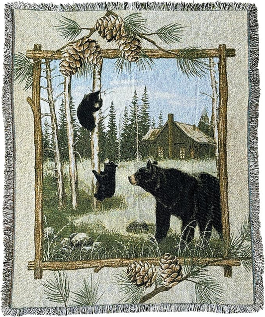 Log Cabin Bear Family Woven Tapestry Throw Blanket Wall Hanging Art Handicrafts Jacquard Multipurpose Soft Travel Mat Outdoor with Fringe Tassels 50 X 60 Inches