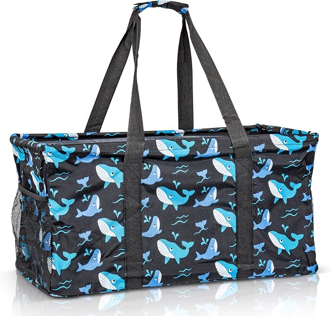 Extra Large Utility Tote Bag - Oversized Collapsible Reusable Wire Frame Rectangular Canvas Basket With Two Exterior Pockets For Beach, Pool, Laundry, Car Trunk, Storage - Whale by Lucazzi