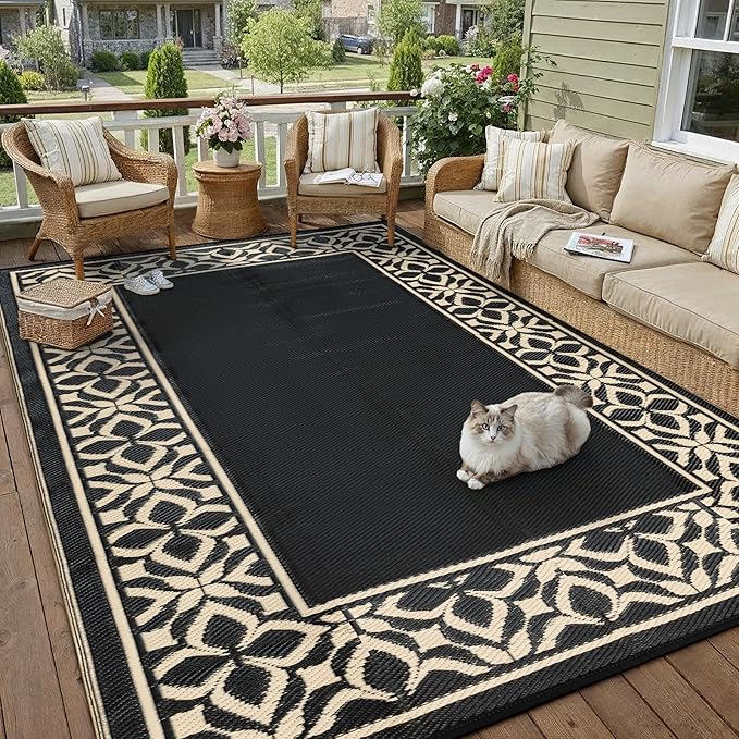 PureCozy Outdoor Plastic Straw Rug Black Beige Large Outside Waterproof Outdoor Patio 9x12 Carpet Geometric Reversible Mat Modern for Camping RV Porch Deck Balcony Beach - Image 3