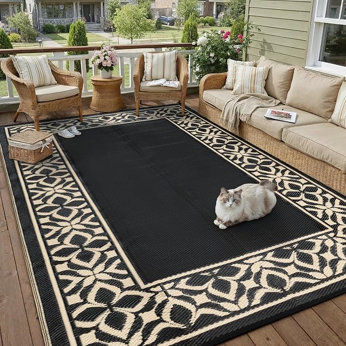 PureCozy Outdoor Plastic Straw Rug Black Beige Large Outside Waterproof Outdoor Patio 5x8 Carpet Geometric Reversible Mat Modern for Camping RV Porch Deck Balcony Beach by PureCozy