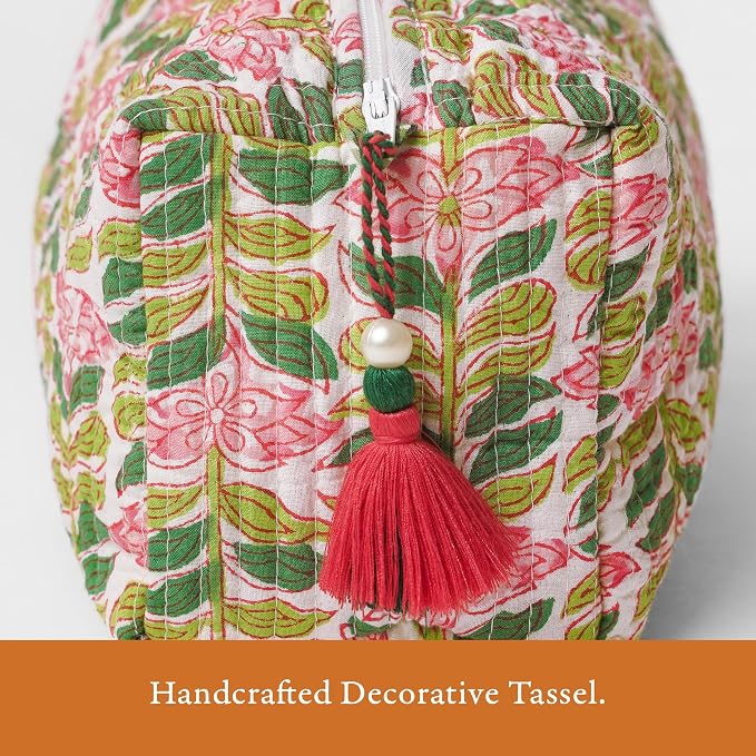 Saffron Marigold Quilted Makeup Bag Set of 3, Hand Block Printed Cotton Cosmetic Bags for Women, Waterproof Lined Travel Toiletry Bag, Coquette Aesthetic, Handmade Gift, Madagascar Periwinkle Vanilla - Image 3