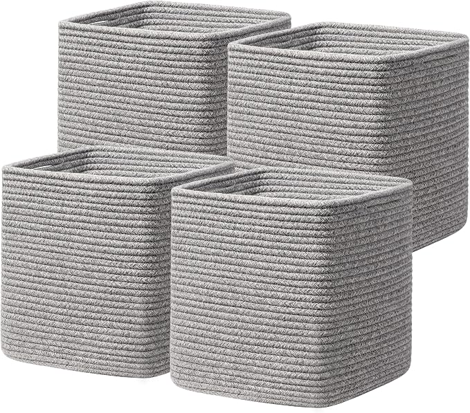 joybest 11inch Cube Storage Bins Set of 4, Cotton Rope Woven Organizer Basket for Shelves, Cube Bin Square Shelves Organizer Closet Storage, Nursery, Toy Organization, Gray by joybest