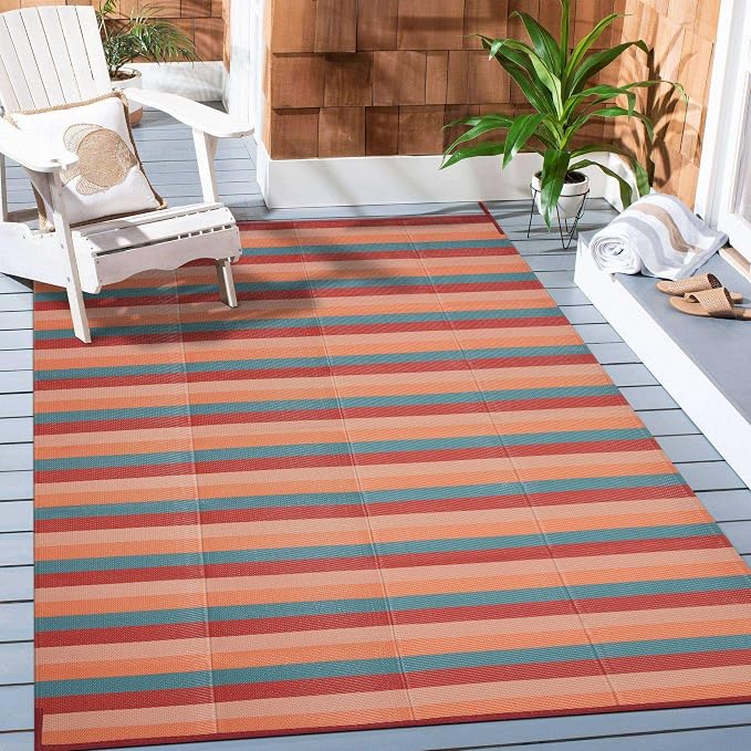 PureCozy Outdoor Waterproof Patio Rug 6x9 Plastic Straw Reversible Outside Orange Red Colorful Striped Carpet Lightweight Large Rug for Camping RV Porch Deck Balcony Beach - Image 4