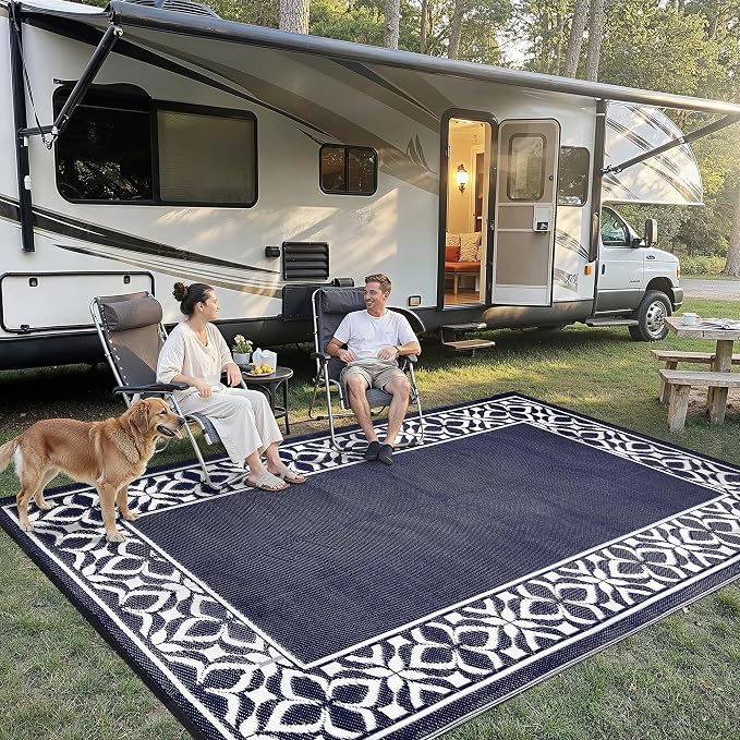 PureCozy Outdoor Plastic Straw Rug Navy Blue Large Outside Waterproof Outdoor Patio 10x14 Carpet Geometric Reversible Mat Modern for Camping RV Porch Deck Balcony Beach - Image 4