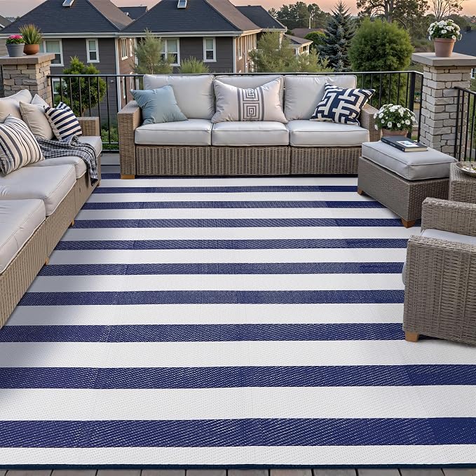 PureCozy Outdoor Waterproof Patio Rug 8x10 Plastic Straw Reversible Lightweight Outside Navy Blue Striped Large Carpet Outdoor for Camping RV Porch Deck Balcony Beach - Image 2