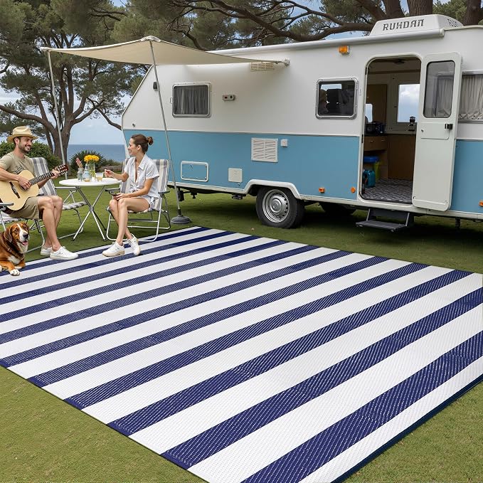 PureCozy Outdoor Waterproof Patio Rug 8x10 Plastic Straw Reversible Lightweight Outside Navy Blue Striped Large Carpet Outdoor for Camping RV Porch Deck Balcony Beach - Image 3