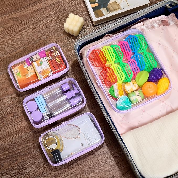 4 pcs Clear Zipper Pouches,Hard Shell Zipper Case, Toiletry Bag for Travel | CLear Diaper Bag, Toiletry Pouch, Travel Organizer, Cosmetic Bag,Toy Storage Bins (M+3S) (Lavender) - Image 6