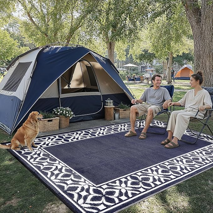 PureCozy Outdoor Plastic Straw Rug Navy Blue Large Outside Waterproof Outdoor Patio 10x14 Carpet Geometric Reversible Mat Modern for Camping RV Porch Deck Balcony Beach - Image 5