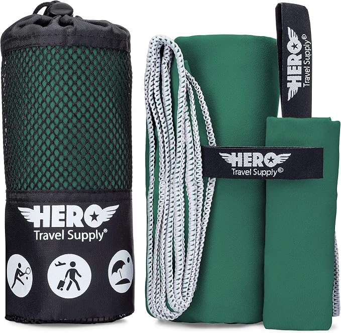 Hero Microfiber Towel, Camping, Beach, Gym, Includes Bonus Washcloth (Green, 24" x 48") by HeroTravelSupply