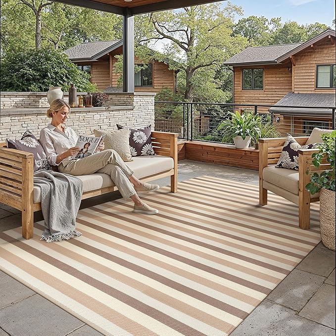 PureCozy Outdoor Waterproof Patio Rug 5x8 Plastic Straw Reversible Outside Beige Striped Carpet Lightweight Large Rug for Camping RV Porch Deck Balcony Beach by PureCozy