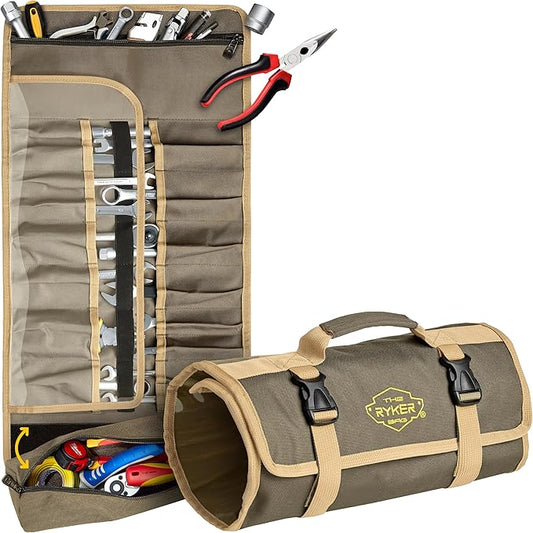 Ryker Wrench Roll Up Tool Bag Organizer. Soft Motorcycle rollup tool pouch | Heavy Duty Tool Roll Bag. Motorcycle Gear Storage with Multiple Pockets for Survival Overland Gear, Sockets & Small Tool Box by TheRykerBag