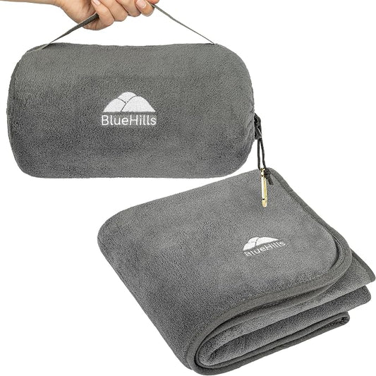 BlueHills Premium Soft Rolled Travel Blanket Airplane Plush Throw - Gray | 70X48 Large Plane Pillow/Blanket, Luggage Strap, Soft Case, Must Have Airplane Essential, Long Flights, Portable, Lightweight by BlueHills