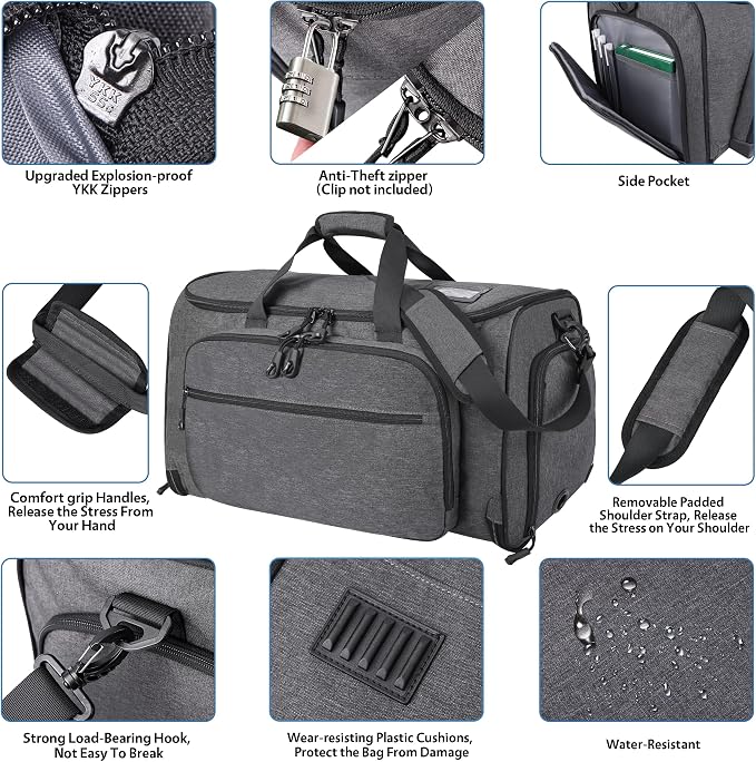 HILOMON Garment Duffle Bags for Travel, YKK Zippers Carry On Convertible Suit Bag with Waterproof Compartment & Shoe Compartment & Shoulder Strap - Image 4