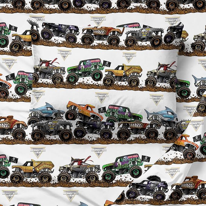 Jay Franco Kids Sheet Set with Fitted, Flat Sheets & Pillow Cover - Ultra-Soft Bedding with Pillowcase for Room Decor, Multi - Monster Jam, 4 Piece Queen - Image 4