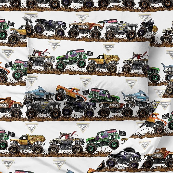 Jay Franco Kids Sheet Set with Fitted, Flat Sheets & Pillow Cover - Ultra-Soft Bedding with Pillowcase for Room Decor, Multi - Monster Jam, 4 Piece Full - Image 4