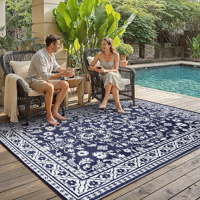 PureCozy Outdoor Waterproof 5x8 Plastic Straw Patio Rug Navy Blue Reversible for Outside Vintage Oriental Carpet Lightweight Large Rug for RV Deck Beach Balcony Picnic Backyard Entry Porch by PureCozy