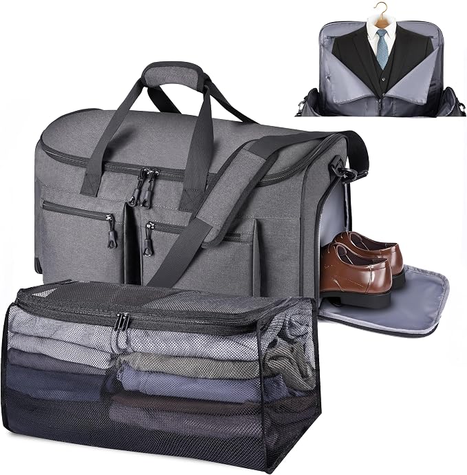 HILOMON Convertible Duffle Bags for Travel Carry On Suit Duffle Bags with Shoulder Strap 2 in 1 Hanging Garment Duffle Bag for Men Women (Gray Mesh Storage) by HILOMON