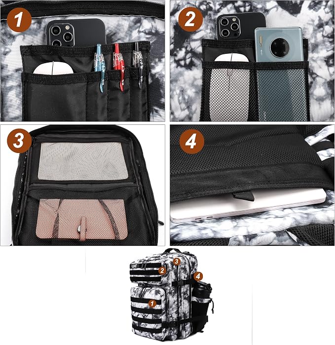 LHI Military Tactical Backpack for Men Molle Daypack 45L Army 3 Days Assault Pack Bag Large Rucksack With Bottle Holder Black and White(12*20*12) - Image 6