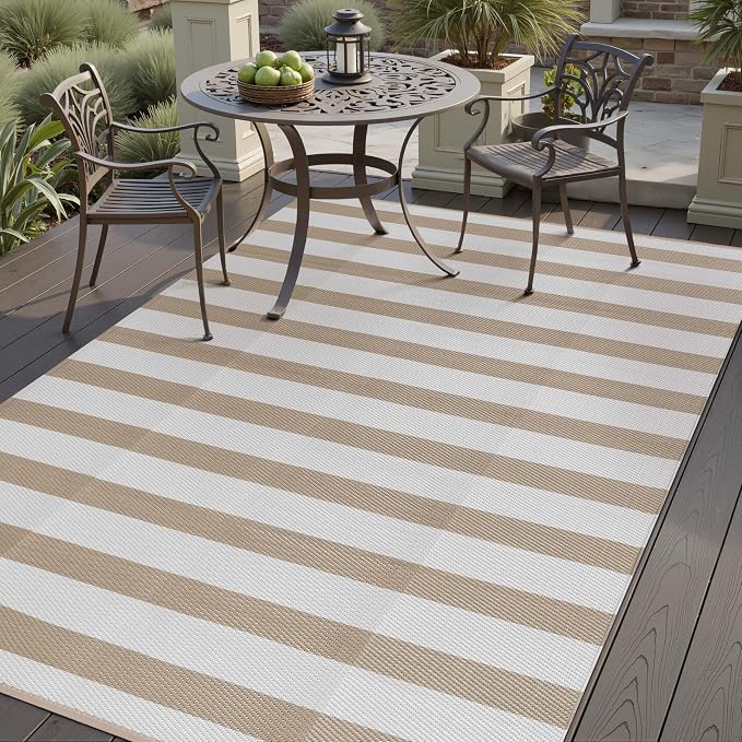 PureCozy Outdoor Waterproof Patio Rug 10x14 Plastic Straw Reversible Lightweight Outside Beige Striped Large Carpet Outdoor for Camping RV Porch Deck Balcony Beach - Image 4