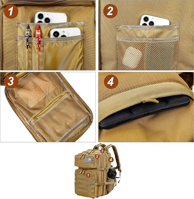 LHI Military Tactical Backpack for Men and Women 45L Army 3 Days Assault Pack Bag Large Rucksack with Molle System - Khaki - Image 6