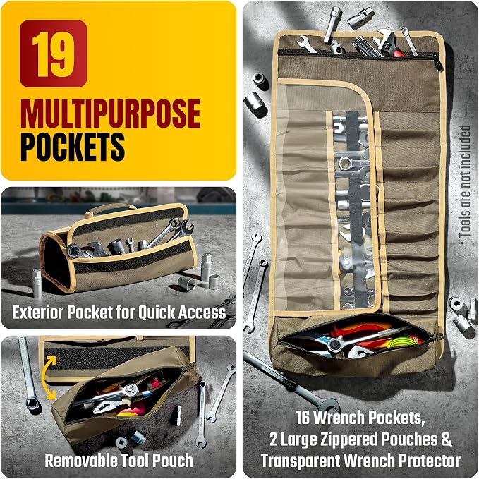 Ryker Wrench Roll Up Tool Bag Organizer. Soft Motorcycle rollup tool pouch | Heavy Duty Tool Roll Bag. Motorcycle Gear Storage with Multiple Pockets for Survival Overland Gear, Sockets & Small Tool Box - Image 2